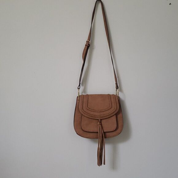 Franco Sarto Purse Tan Suede Tassel Crossbody Bag Structured Saddlebag Purse - Picture 1 of 7